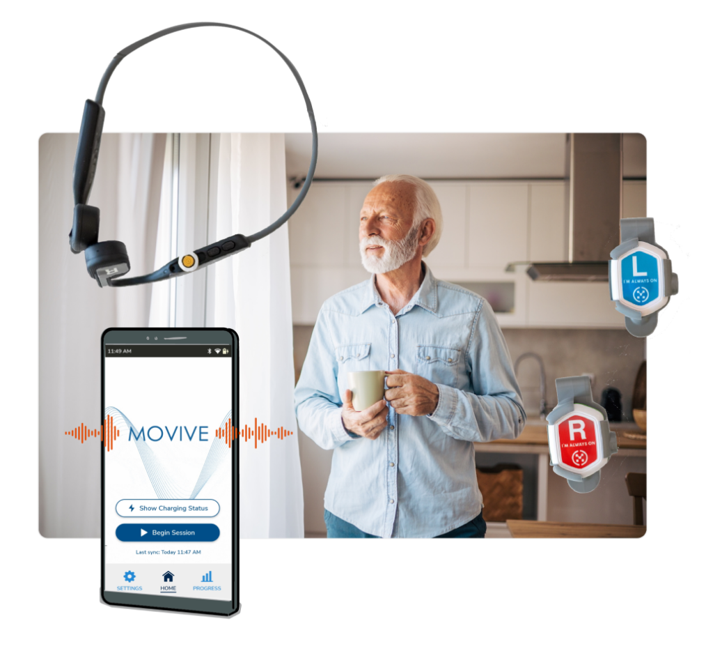 MOVIVE components include two shoe-worn sensors, a headset, and a touchscreen control unit